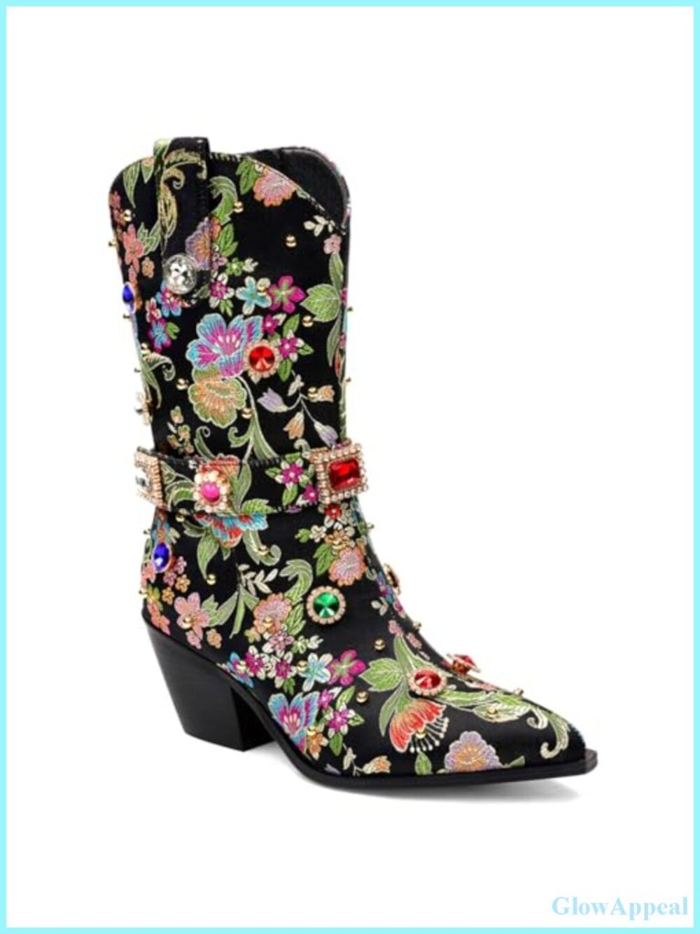 Rhinestone Western Mid Calf Boots Floral Embroidery Pointed Toe Block Heel